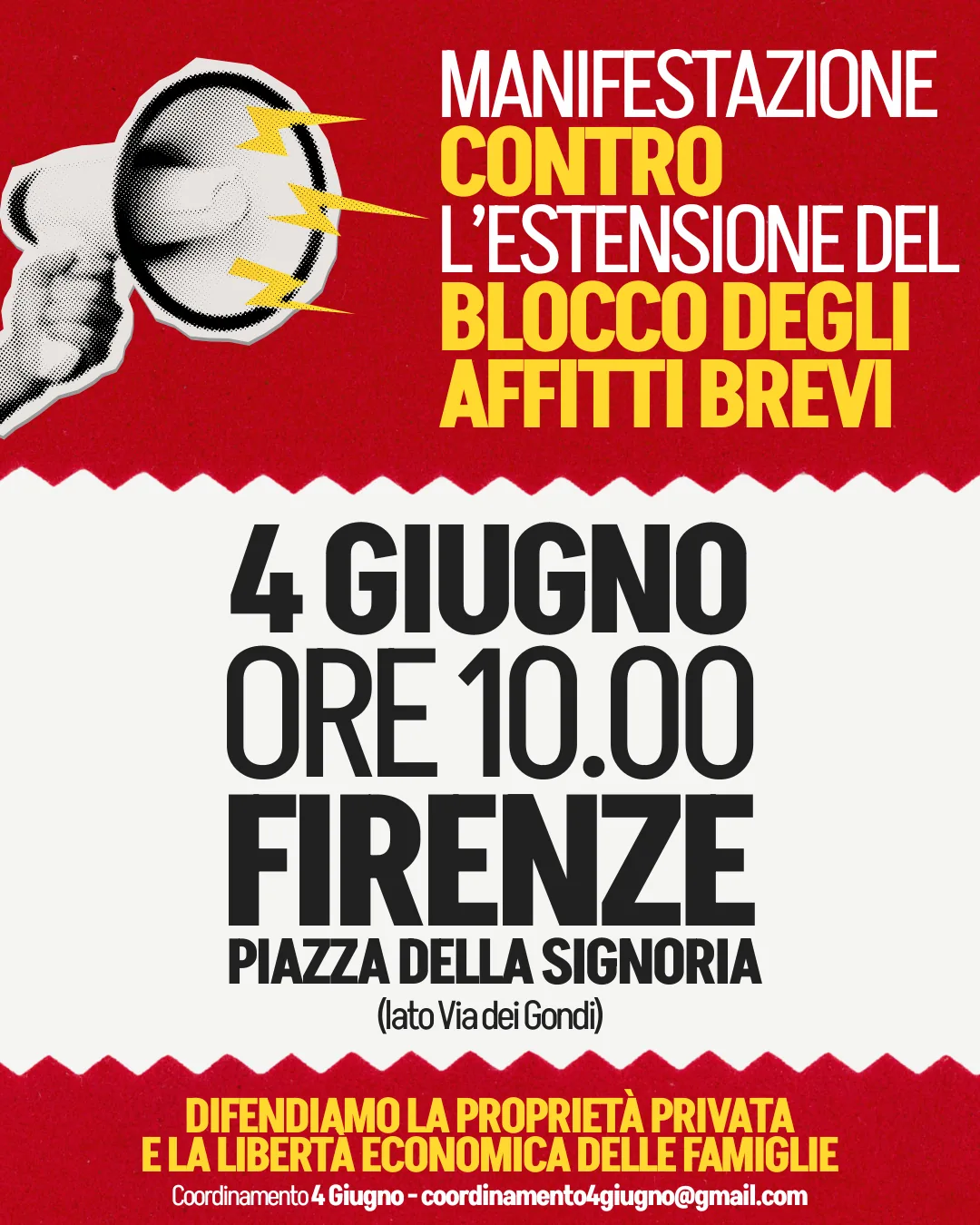 Manifestazione 4 giugno Firenze contro blocco affitti brevi